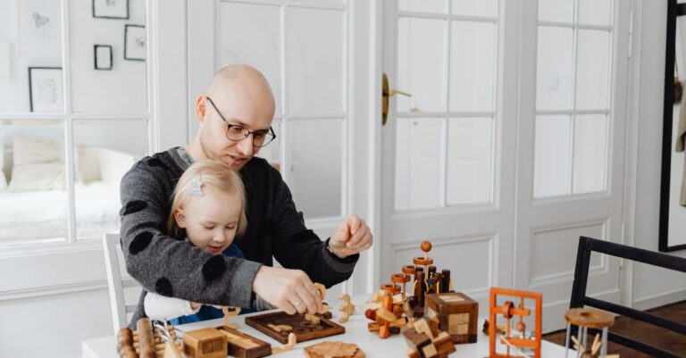 Father and daughter enjoying quality time playing with educational wooden toys indoors. - King Squishy