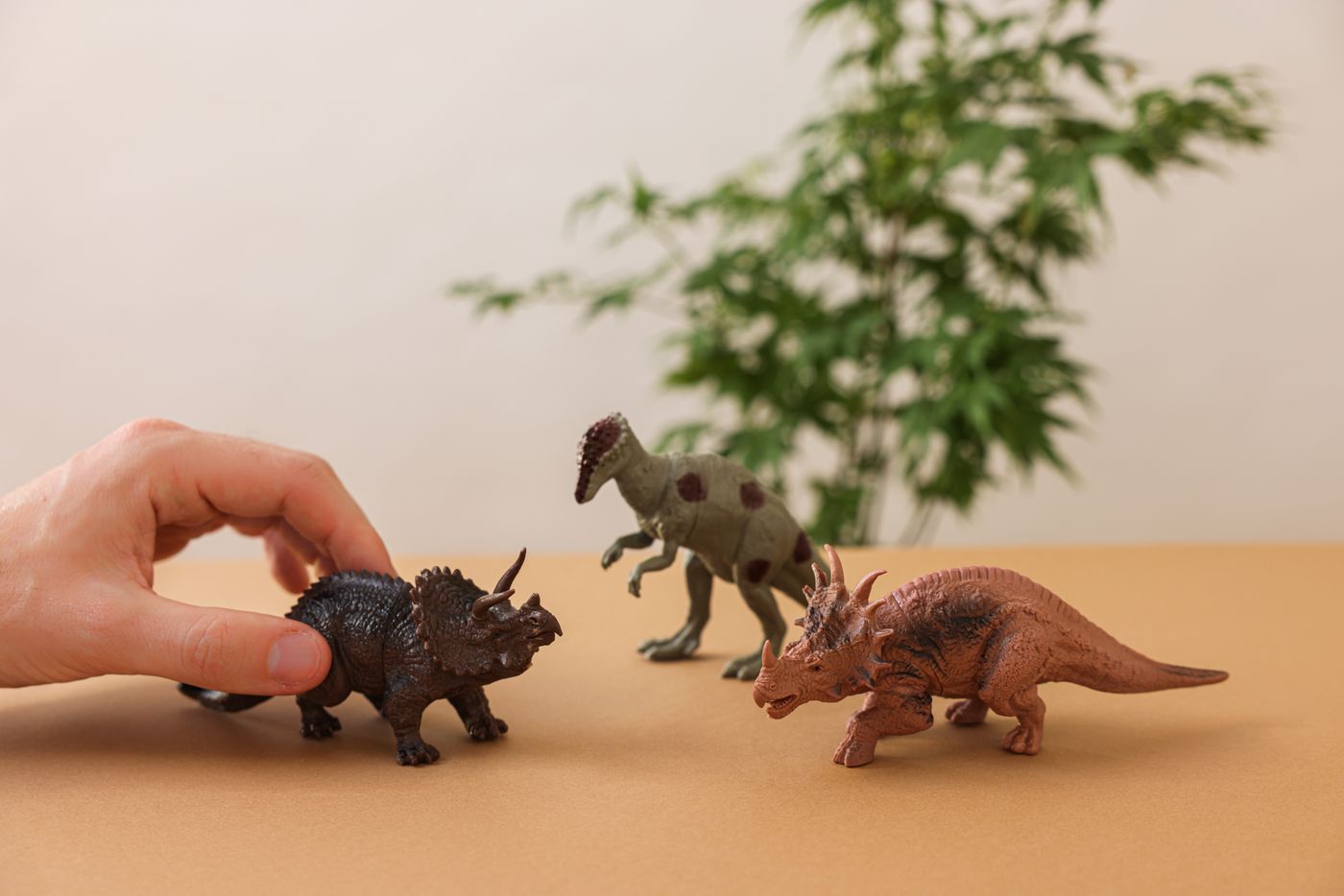 Main disposant des figurines de dinosaures sur une surface marron avec un fond de verdure. - King Squishy