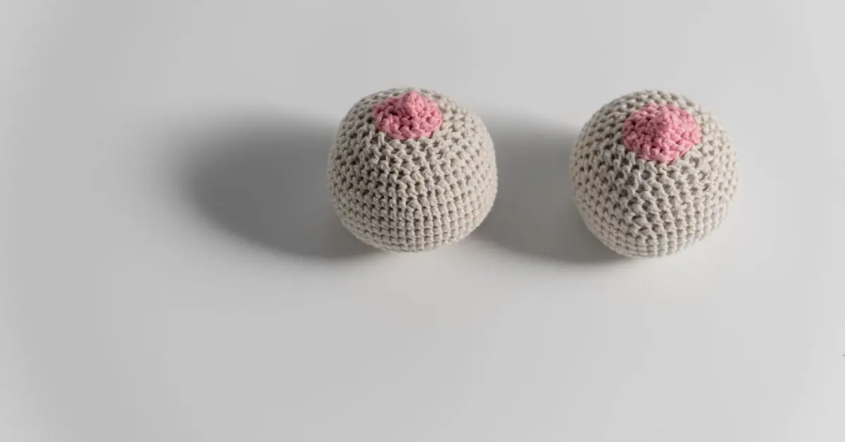 Two crocheted breast models symbolizing breast cancer awareness and feminism. - King Squishy