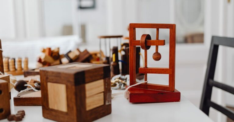 Wooden puzzles on a table showcasing a minimalist indoor setting. - King Squishy