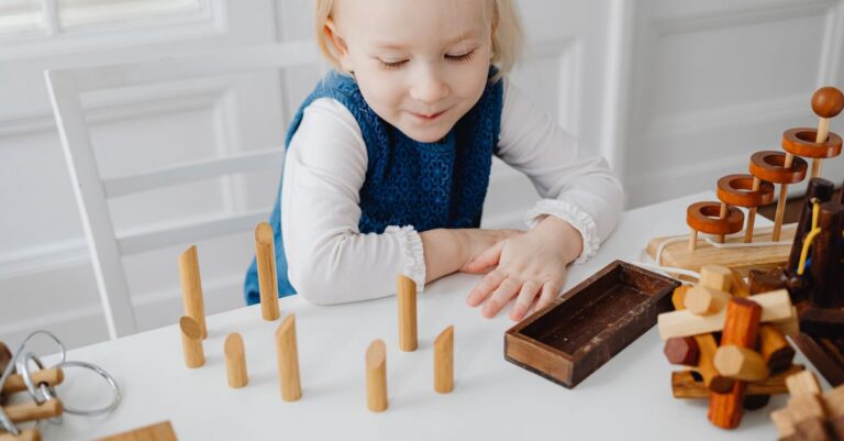 Cute young girl playing with wooden toys indoors, smiling and learning. - King Squishy