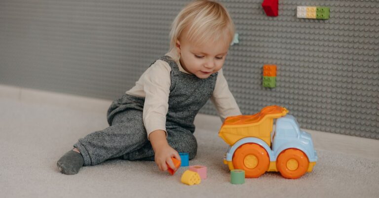 Mignon tout-petit jouant avec des blocs colorés et un camion jouet à l'intérieur. - King Squishy