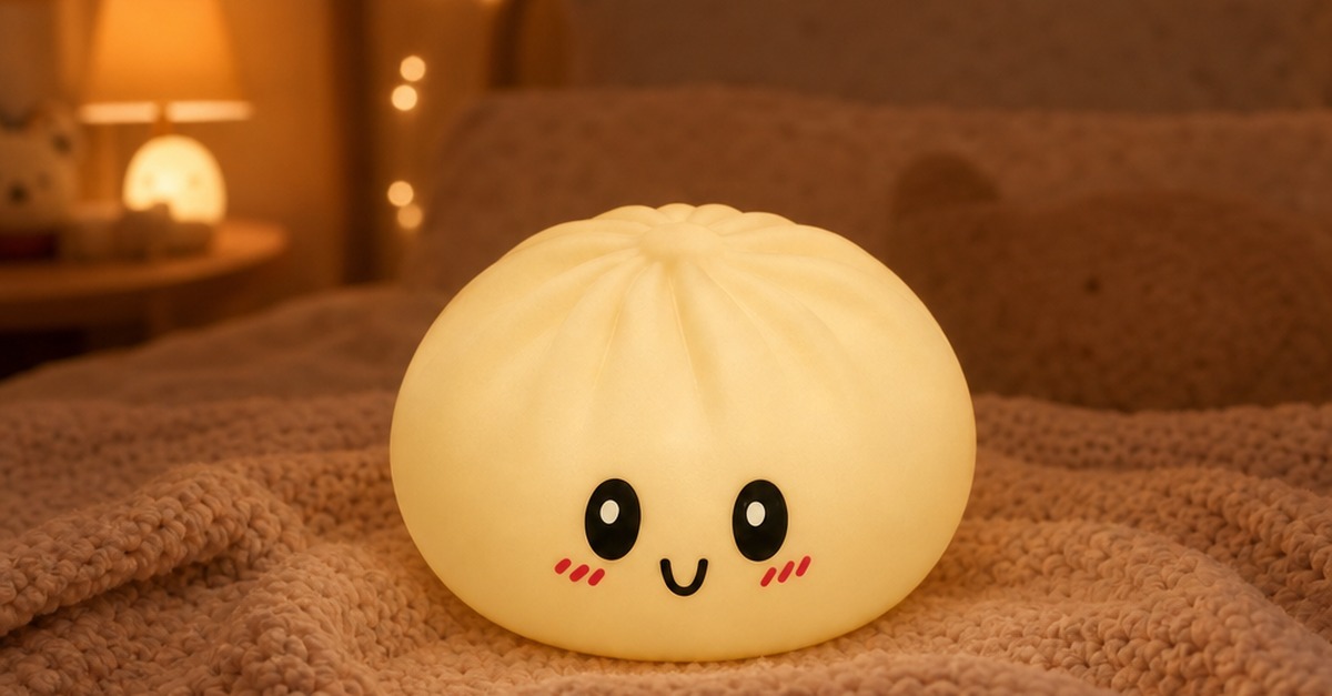 Cremefarbenes squishy-Spielzeug in Form eines gedämpften Brötchens, das zur Schlafenszeit auf einer Decke ruht - King Squishy
