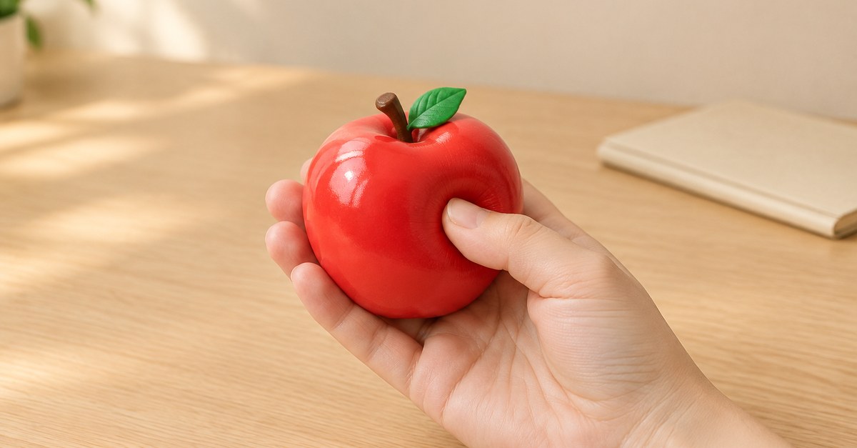 Weiches slow-rise Apfel-squishy in einer Hand zur Umlenkung bei Haareausreißen - King Squishy