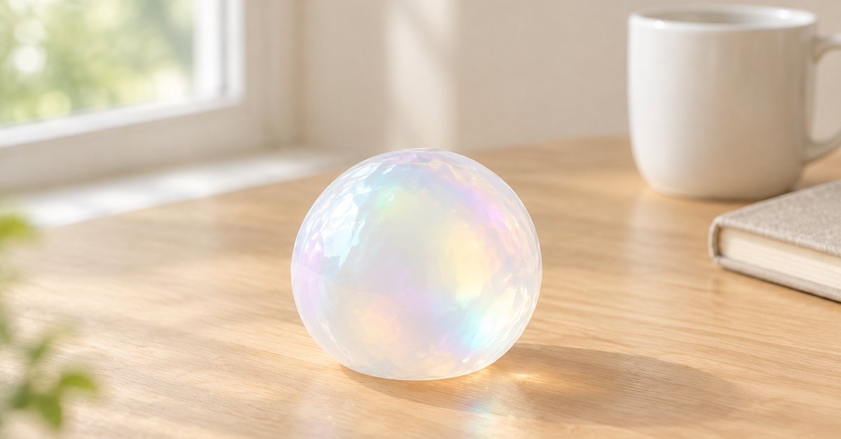 Translucent coconut stress ball on a quiet desk - King Squishy