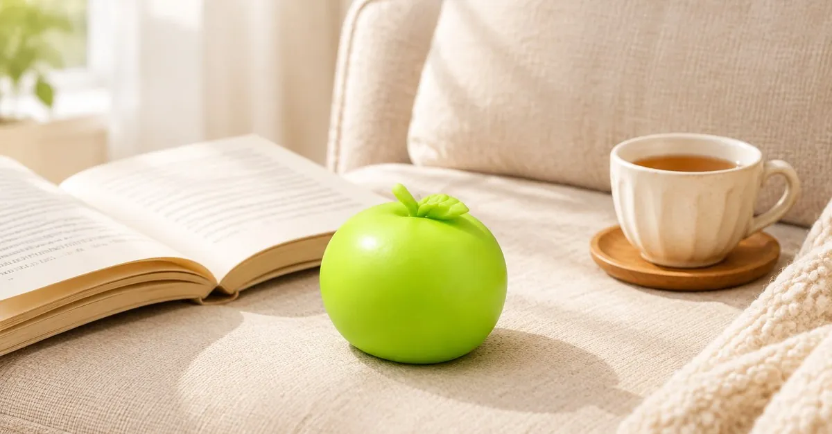 Un gioco fidget cubo squishy mela verde rigido per neomamme con un libro e una tazza di tè - King Squishy