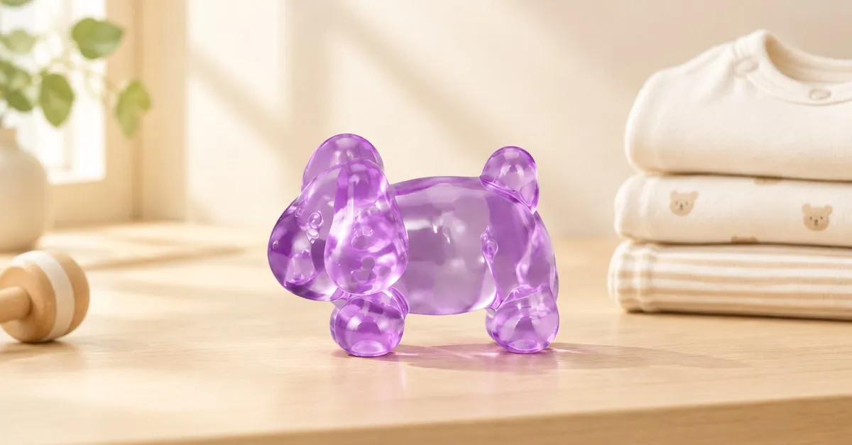 Un gioco fidget a forma di cucciolo squishy viola traslucido per neomamme accanto a vestiti per bambini piegati - King Squishy