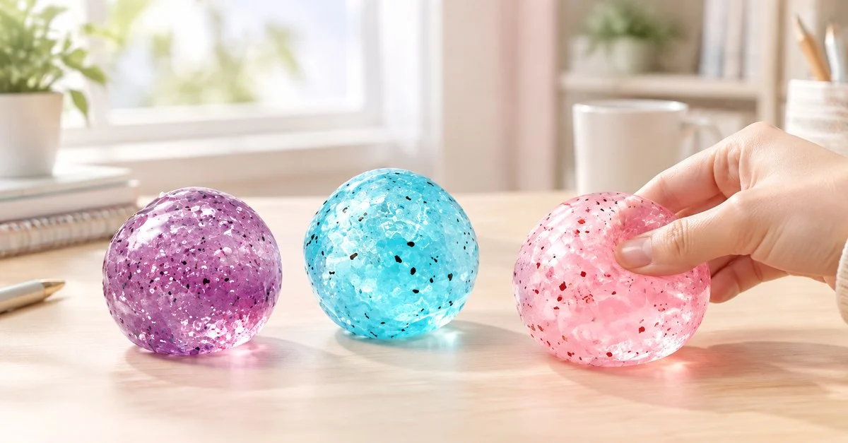 Tiga fidget bola squishy berisi butiran air untuk OCD di atas meja yang tenang - King Squishy