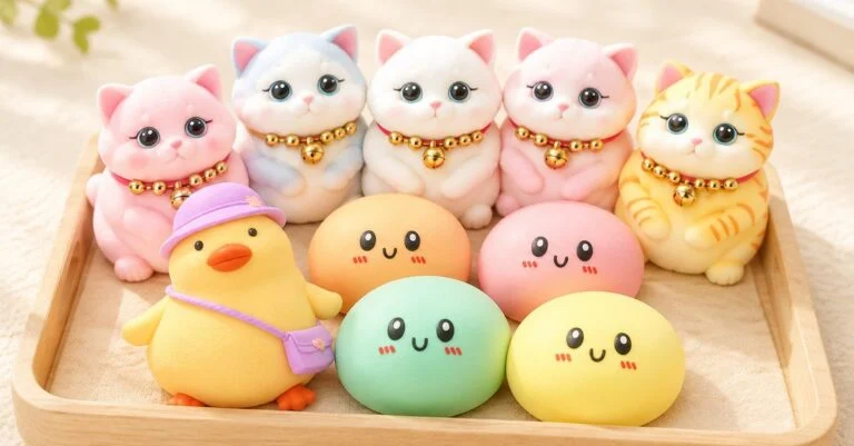 Assorted kawaii squishy toys including kitten, duck and steamed bun squishies - King Squishy