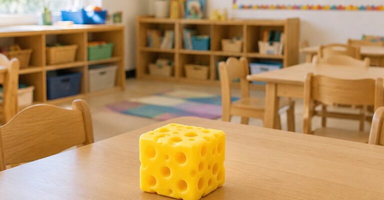 Yellow cheese cube squishy sensory toy for daycare on a classroom table - King Squishy