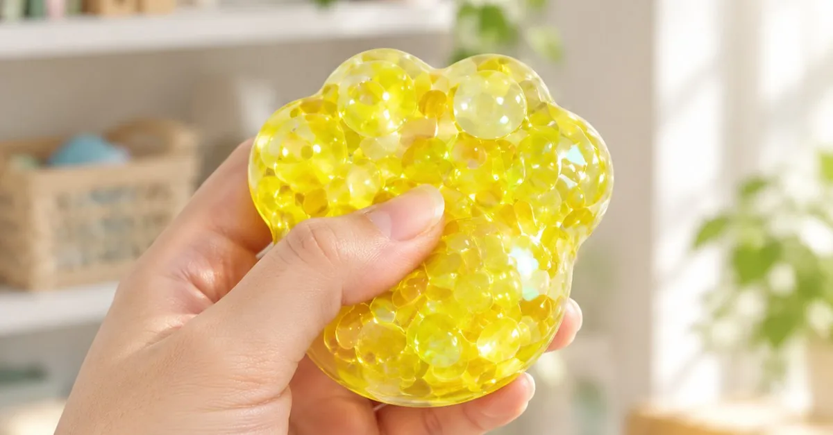 Parlak bir anaokulu odasında yumuşak, saydam pati squishy duyusal oyuncak sıkan bir el - King Squishy