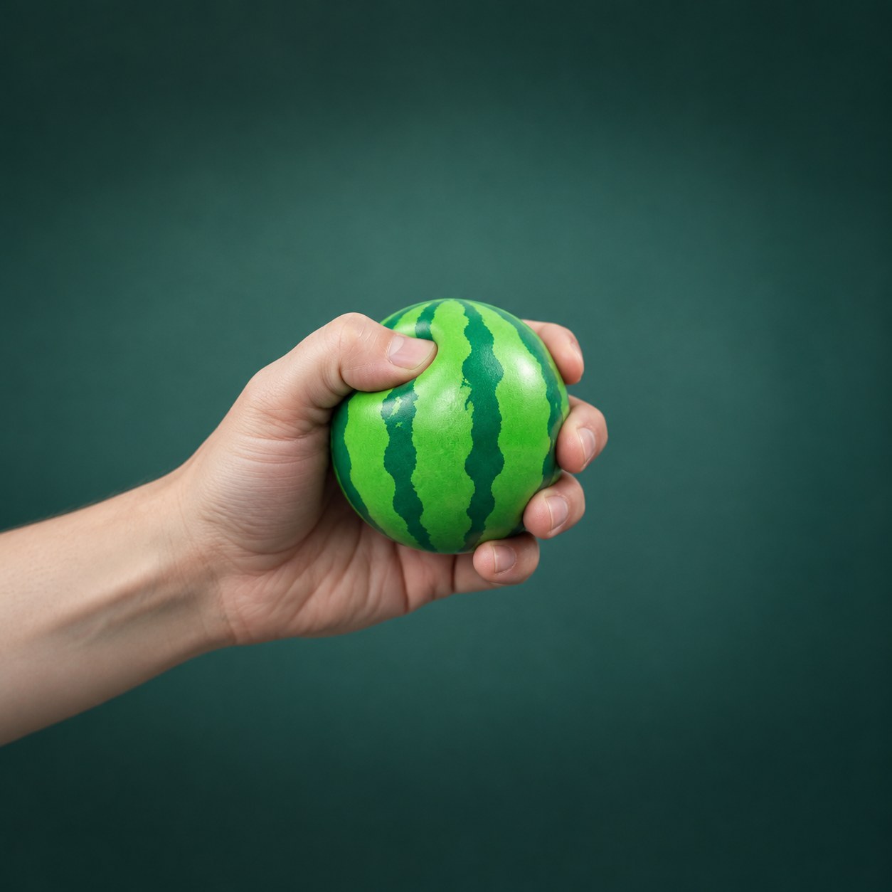 Hand gently squeezing a watermelon squishy ball, the kind of impulse-buy squishy that sells in value stores - King Squishy