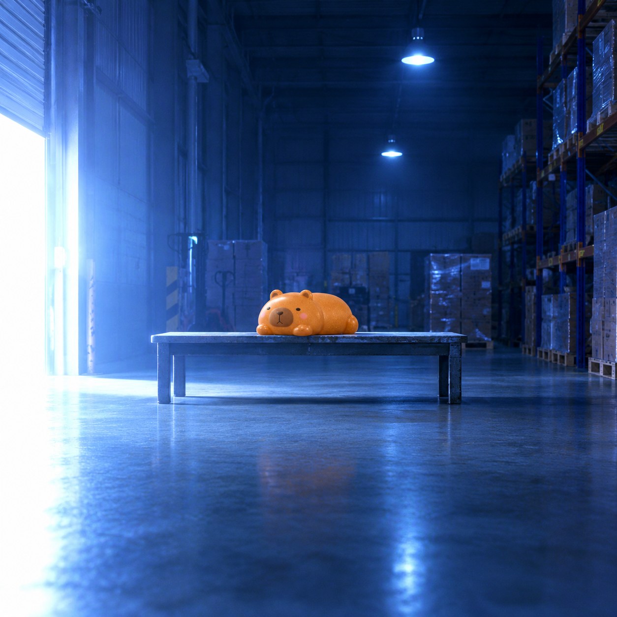 Capybara squishy on a bench in a wholesale warehouse, ready for export - King Squishy