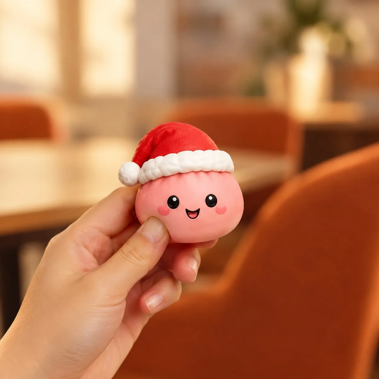 Pink dumpling squishy with a Santa hat, one of the 24 daily surprises in a squishy advent calendar - King Squishy