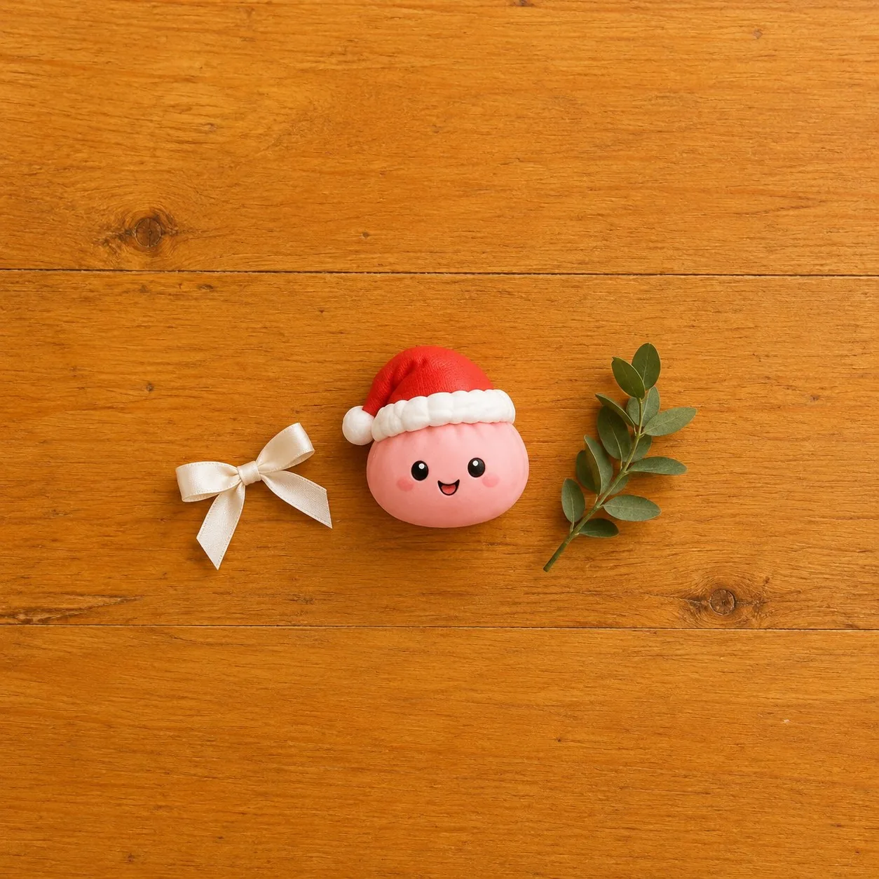 Overhead flat-lay of a dumpling squishy with ribbon and greenery from a squishy advent calendar - King Squishy