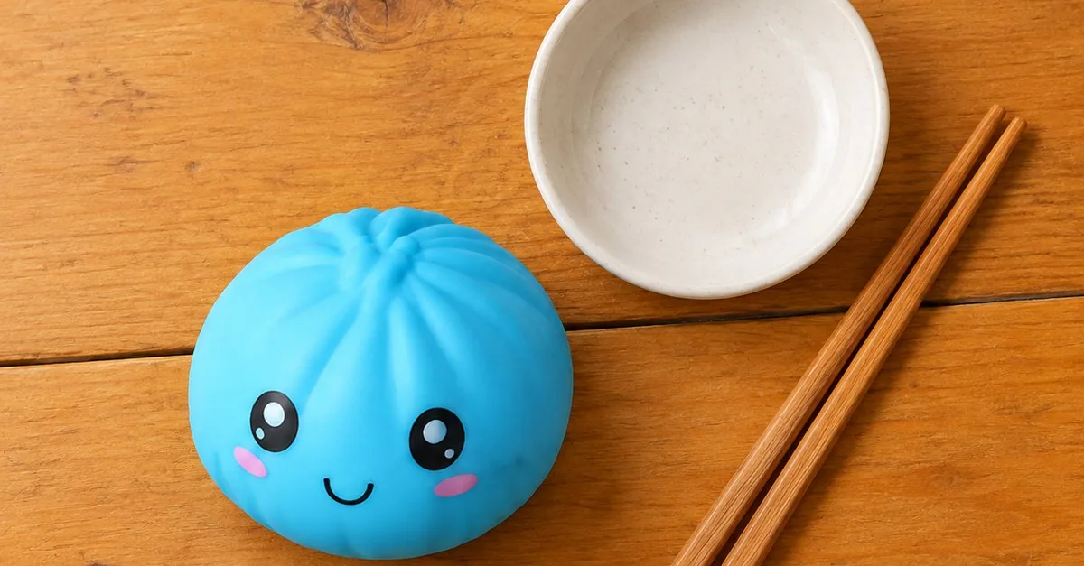 Blue steamed bun squishy dumpling toy styled with a dish and chopsticks | King Squishy