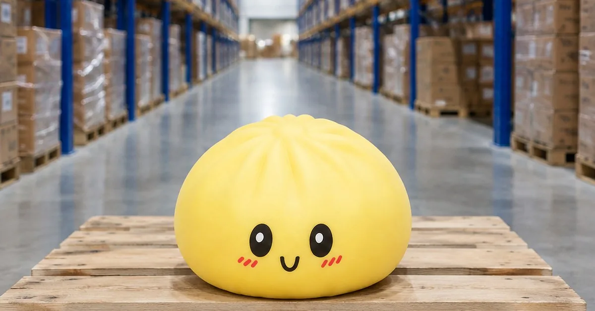 Squishy dumpling toys stacked on a pallet in a wholesale warehouse | King Squishy